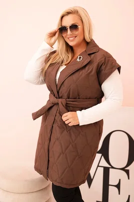 Kesi Włoski Dámská vesta Plus Size prošívaná s páskem a límcem čokoládová
