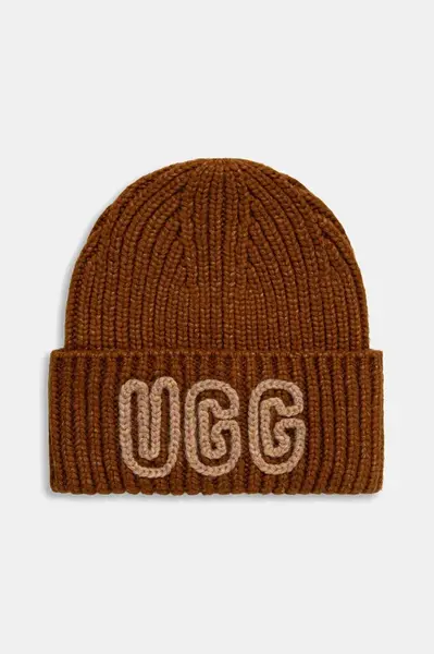 Čepice z vlněné směsi UGG CHUNKY hnědá barva, 102345