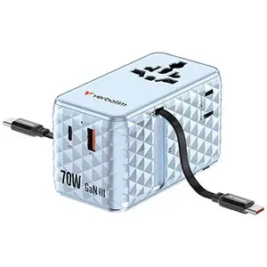 Verbatim 30187, Cestovní adaptér univerzální Charge ,n, Travel 1x USB-C, 1X USB-A + 2x integrovaný kabel USB-C, modrá, 70 W