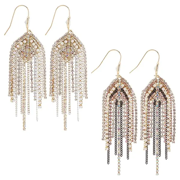 2 Pairs 2 Colors Natural Pearl Beaded & Rhinestone Chains Tassel Earrings
