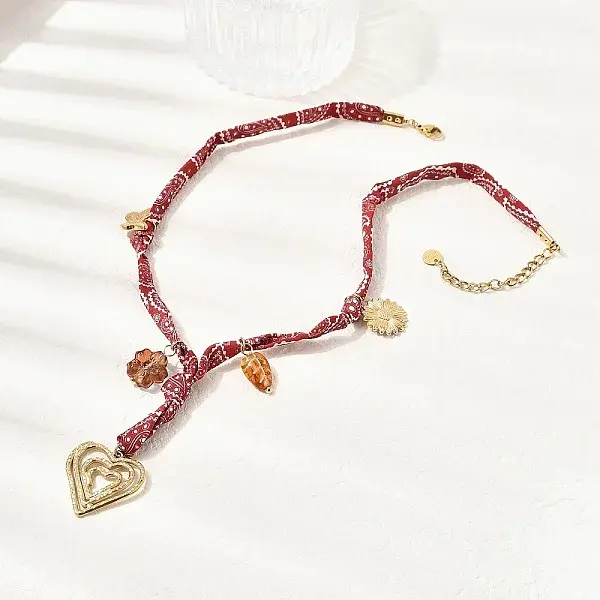 304 Stainless Steel Heart & Glass Leaf Flower Pendant Printed Polyester Cord Necklaces for Women