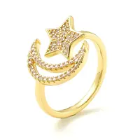 Clear Cubic Zirconia Moon and Star Open Cuff Ring for Women