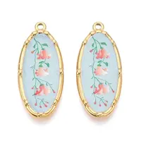Printed Style 304 Stainless Steel Oval with Flower Pattern Pendants