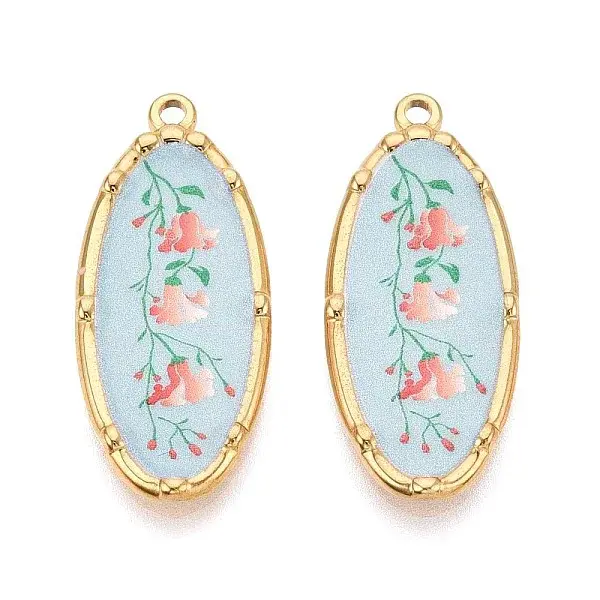 Printed Style 304 Stainless Steel Oval with Flower Pattern Pendants