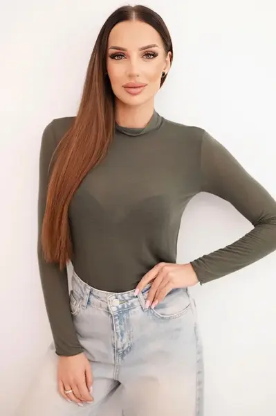 Kesi Włoski Dámska blúzka z kašmíru s jemným golierom a dlhými rukávmi, khaki