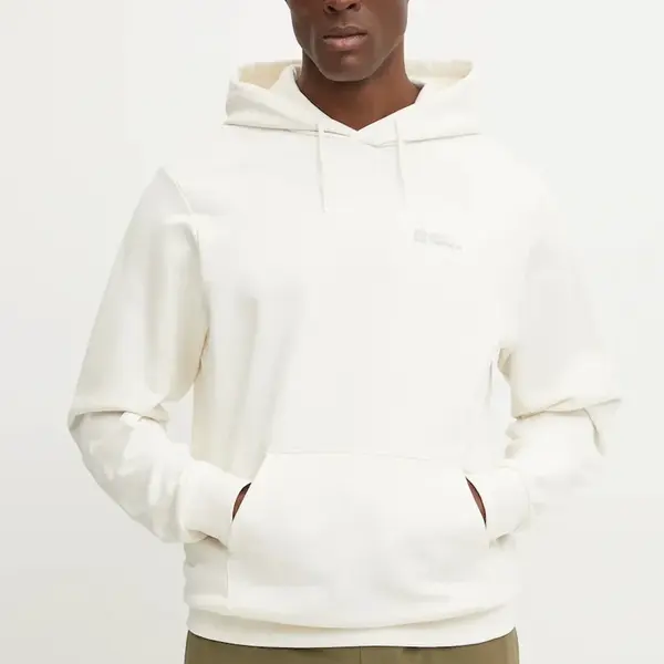 Bavlněná mikina Jack Wolfskin Essential pánská, béžová barva, s kapucí, s potiskem, A63872