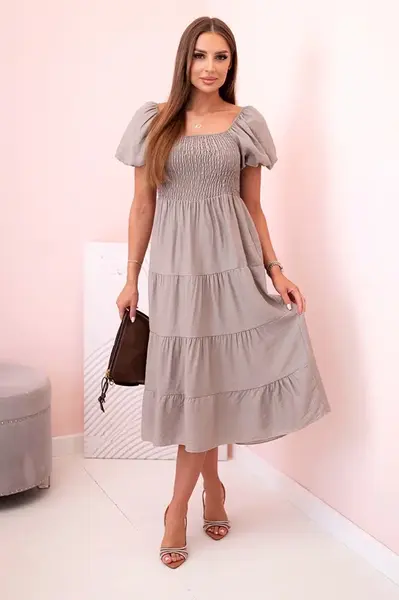 Kesi Włoski Dámské viskózové šaty s nabíranými rukávy a volánkovým topem fango