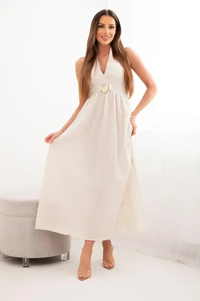 Kesi dámske maxi šaty s viazaním na krku béžové