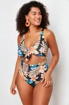 Trendyol Curve Blue Deep V Cut Out Tie Detail Floral Patterned Plus Size Swimsuit