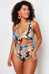Trendyol Curve Blue Deep V Cut Out Tie Detail Floral Patterned Plus Size Swimsuit