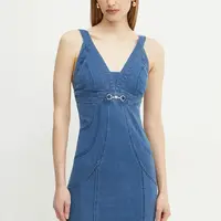Šaty s příměsí hedvábí Guess JEWEL modrá barva, mini, W5GK75 D5LK0
