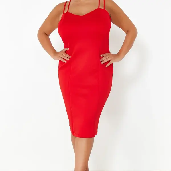 Trendyol Curve Red Sweetheart Collar Strap Summer Knitted Dress