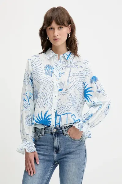 Bavlněná košile Never Fully Dressed dámská, modrá barva, slim, s klasickým límcem, NFDTO1767