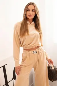 Kesi Włoski Dámská souprava z veluru se širokými nohavicemi a mikinou s kapucí béžová