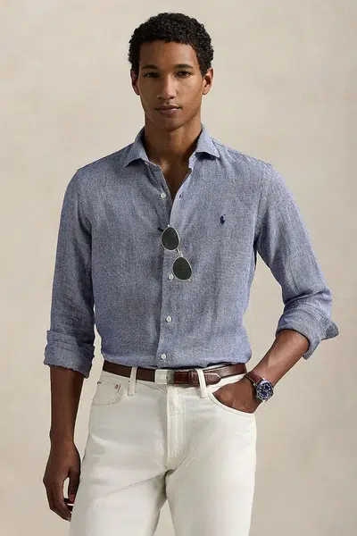 Lněná košile Polo Ralph Lauren pánská, tmavomodrá barva, regular, s klasickým límcem, 710968971