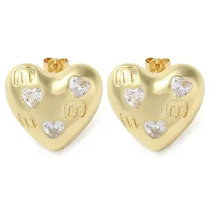 Heart Brass Micro Pave Clear Cubic Zirconia Stud Earrings