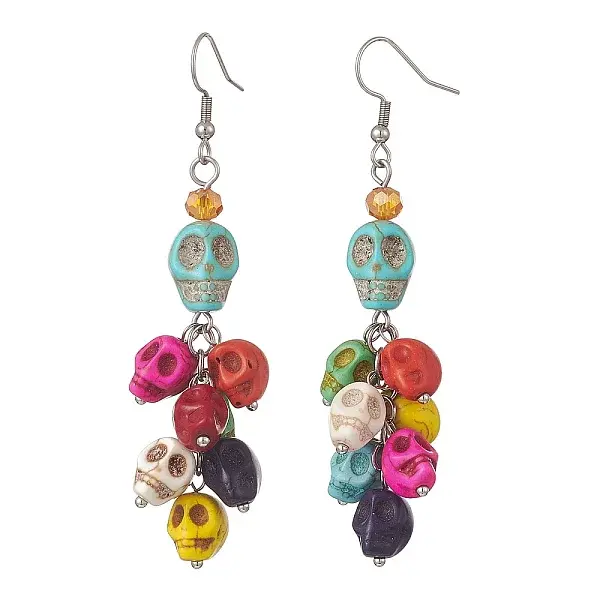 Dyed Synthetic Turquoise Skull Dangle Earrings