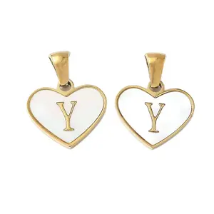 304 Stainless Steel Pave Natural White Shell Heart with Initial Slice Pendants