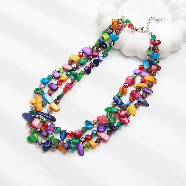 Boho Glass & Dyed Natural Shell Beaded Chips 3 Layer Necklaces for Women