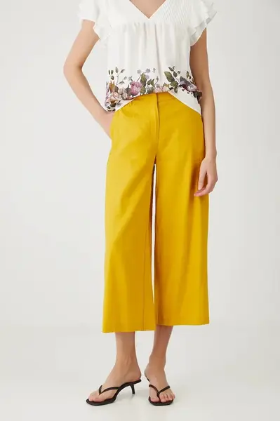 Lněné kalhoty Medicine žlutá barva, střih culottes, medium waist