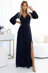 572-1 NELA lesklé dlouhé šaty s výstřihem a dlouhým rukávem - TMAVĚ MODRÁ