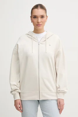 Bavlněná mikina Calvin Klein Jeans dámská, béžová barva, s kapucí, hladká, J20J225367