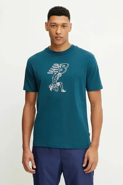 Bavlněné tričko New Balance pánské, tyrkysová barva, s potiskem, MT51978DOE
