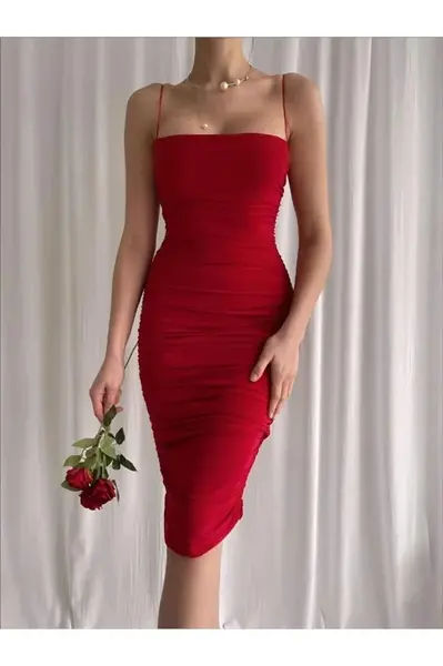 64500 Dewberry Thin Strap Draped Midi Evening Dress-RED