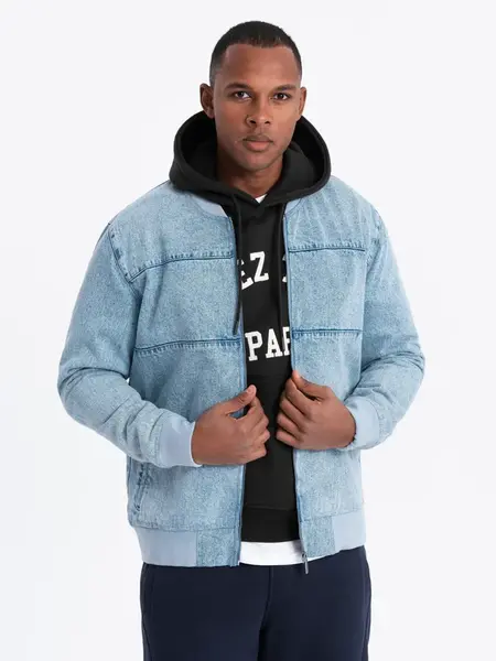 Ombre Men's denim bomber jacket with stone wash effect - light blue
