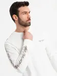 Ombre Men's cotton U-neck longsleeve with piping and chest print - broken white