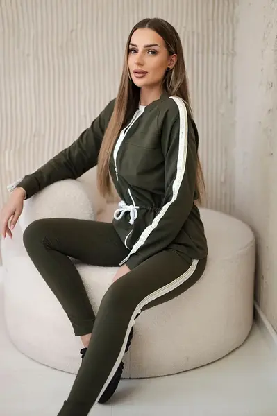 Kesi Dámska bavlnená súprava s prúžkami a lemami khaki