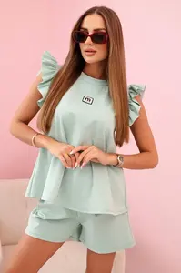Kesi Włoski Dámska súprava s volánom – blúzka s krátkym rukávom a šortky s gumičkou tmavá mäta