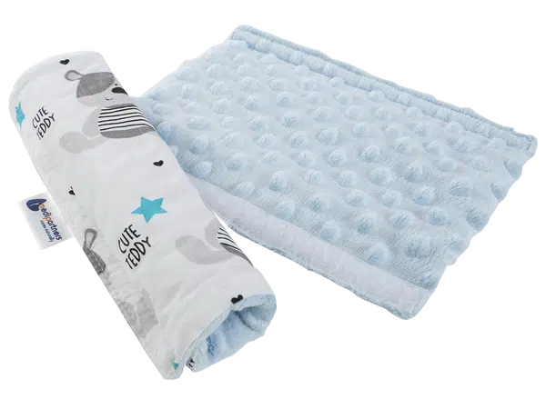 Medi Partners Cotton + minky car seat belt protector – Teddy + blue minky