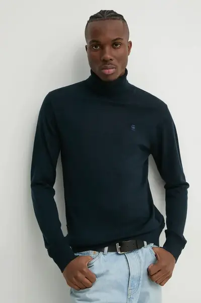 Vlněný svetr G-Star pánský, modrá barva, lehký, s golfem, D25177-D847