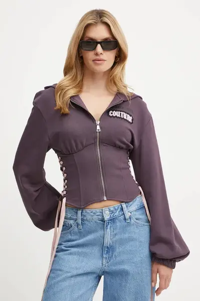 Bavlněná mikina Versace Jeans Couture dámská, fialová barva, s kapucí, s potiskem, 77HAI304 F0010