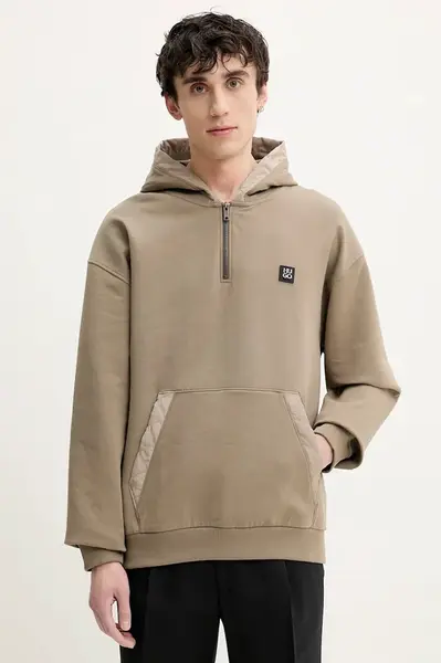 Mikina HUGO pánská, béžová barva, s kapucí, hladká, 50536348