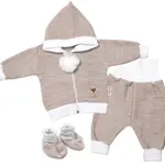Baby Nellys 3-dílná souprava Hand made, pletený kabátek, kalhoty a botičky, béžová, vel.68