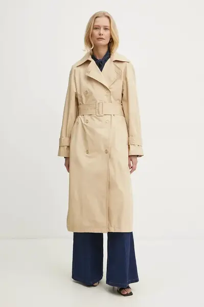 Trench kabát Twinset dámský, béžová barva, přechodný, dvouřadový, 251TP2660