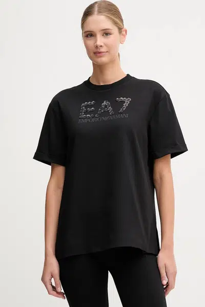 Bavlněné tričko EA7 Emporio Armani dámské, černá barva, AF12957.7W000540