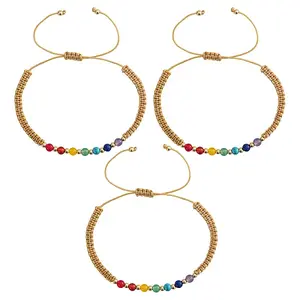 3Pcs Adjustable Chakra Natural & Synthetic Mixed Stone Round Bead Braided Bracelet Sets