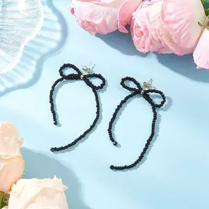 Handmade Glass Seed Beads Bowknot Dangle Stud Earrings