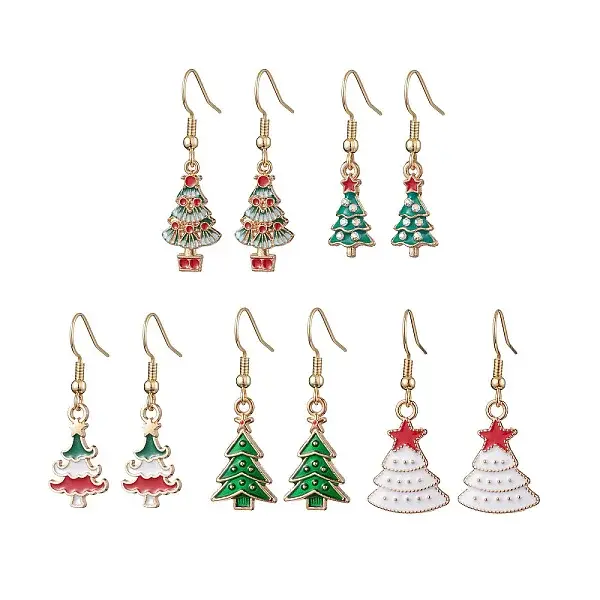 5Pairs 5 Styles Christmas Tree Alloy Enamel Dangle Earrings