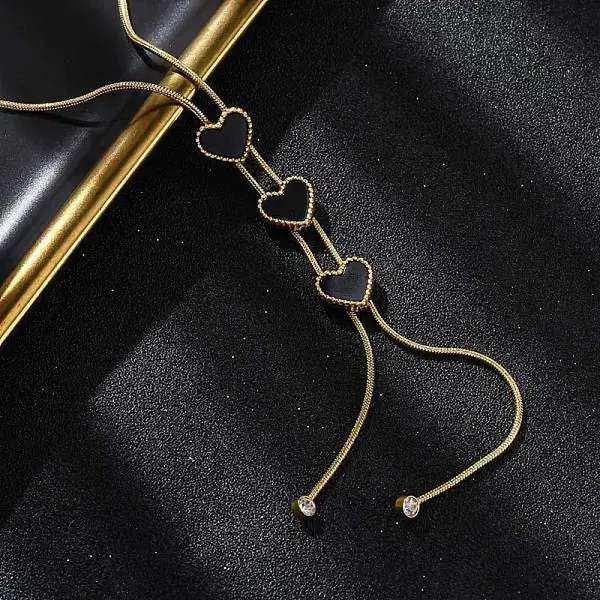 Triple Heart 304 Stainless Steel & Black Plastic Y Necklaces for Women