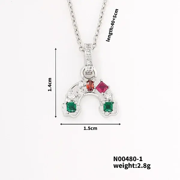 Simple Cute Style Rainbow Shape Brass Coloful Cubic Zirconia Pendant Necklace with Cable Chain for Women Girl