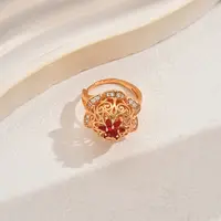 Luxury Vintage Hollow Flower Brass Cubic Zirconia Adjustable Rings for Women