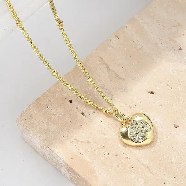 Brass Micro Pave Clear Cubic Zirconia Heart Pendant Necklaces for Women