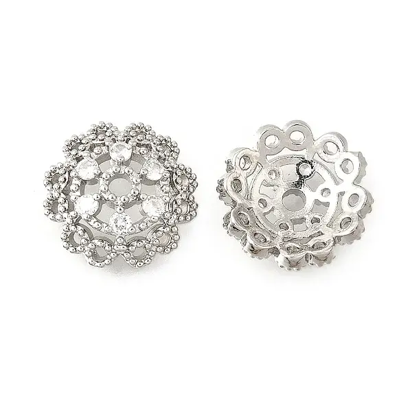 Flower Brass Micro Pave Clear Cubic Zirconia Bead Caps