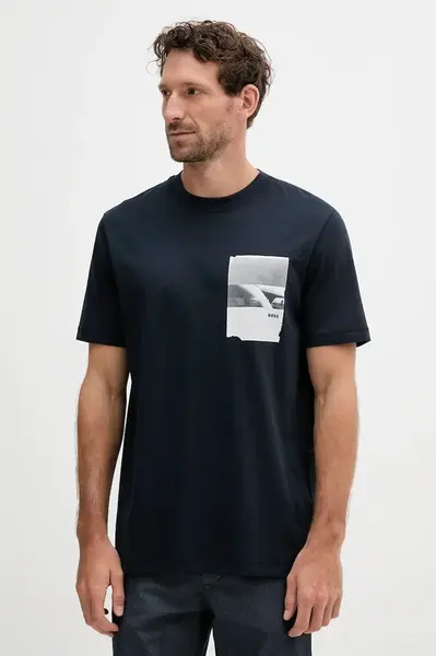 Bavlněné tričko BOSS Orange Te_Container pánské, tmavomodrá barva, s potiskem, 50546920