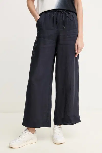 Lněné kalhoty Marella MATTINO dámské, tmavomodrá barva, široké, high waist, 2513131084200