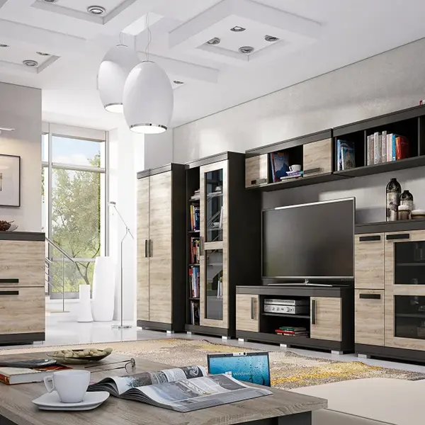 Obývací stěna Leon Barva korpusu: Dub - sonoma, Lišta: Lancelot, Barva dvířek: Šedá